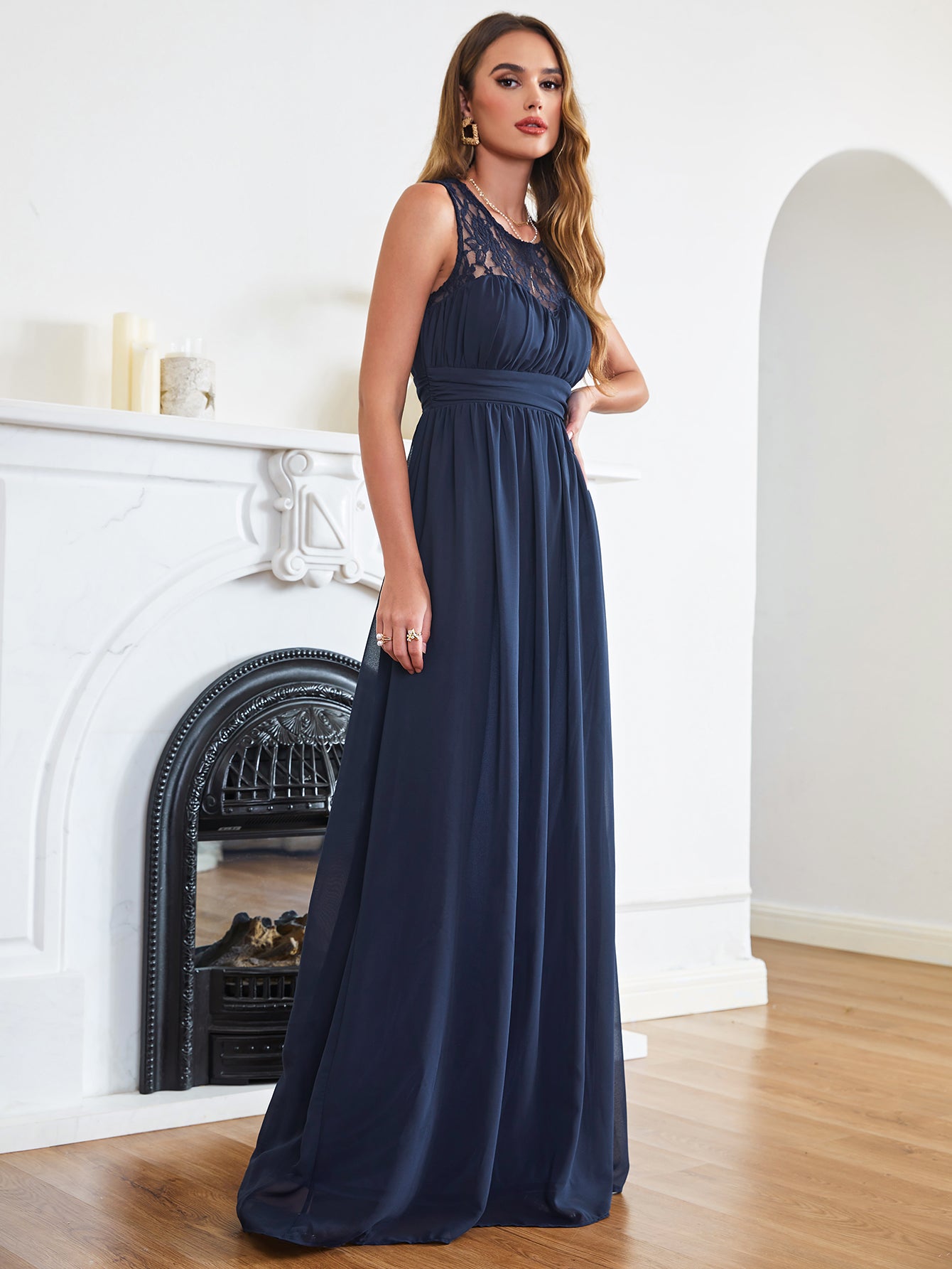 Elegant Long A Line Round Neck Chiffon Floor Length Formal Dresses