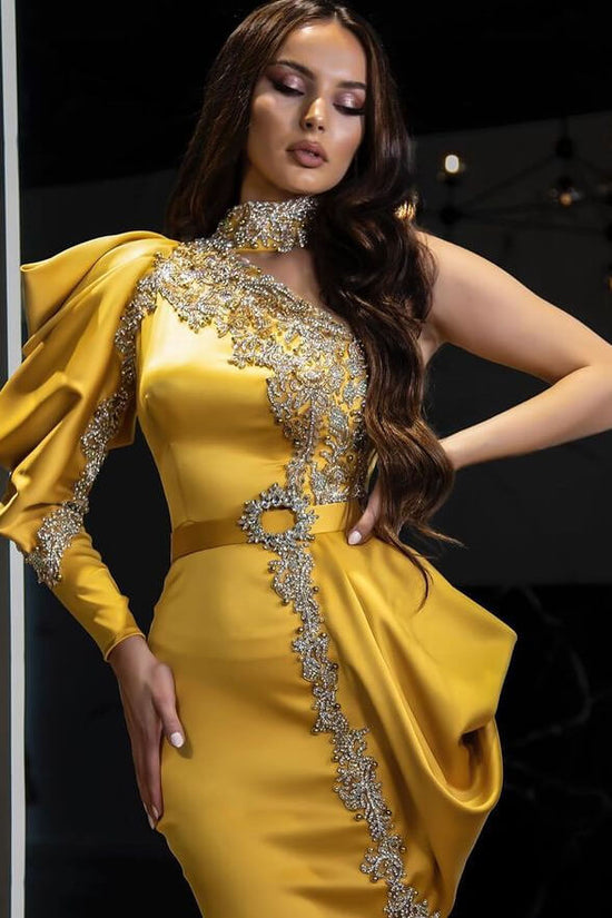 Yellow Halter Mermaid One-Shoulder Long Sleeve Evening Dress With Beadings