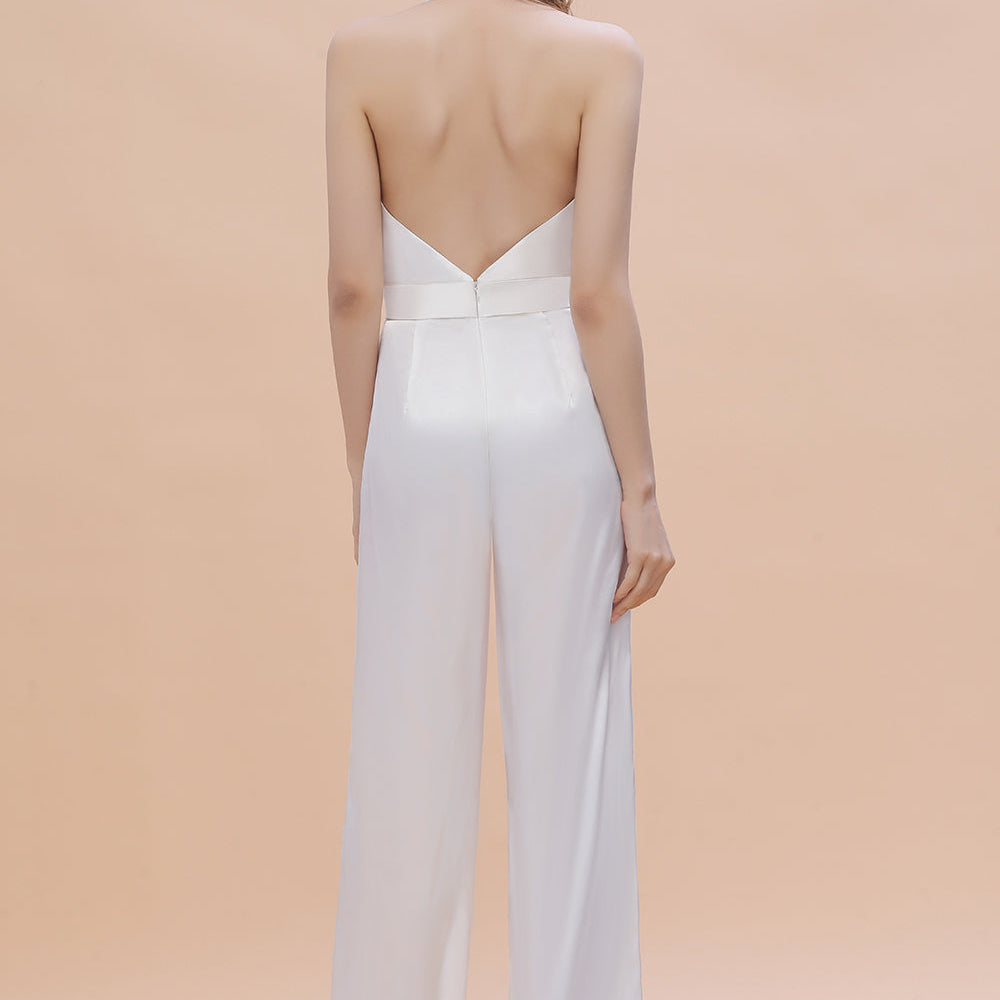 
                  
                    Deep V-neck Halter Wide Straps Open Back White Jumpsuit With Pockets-BIZTUNNEL
                  
                