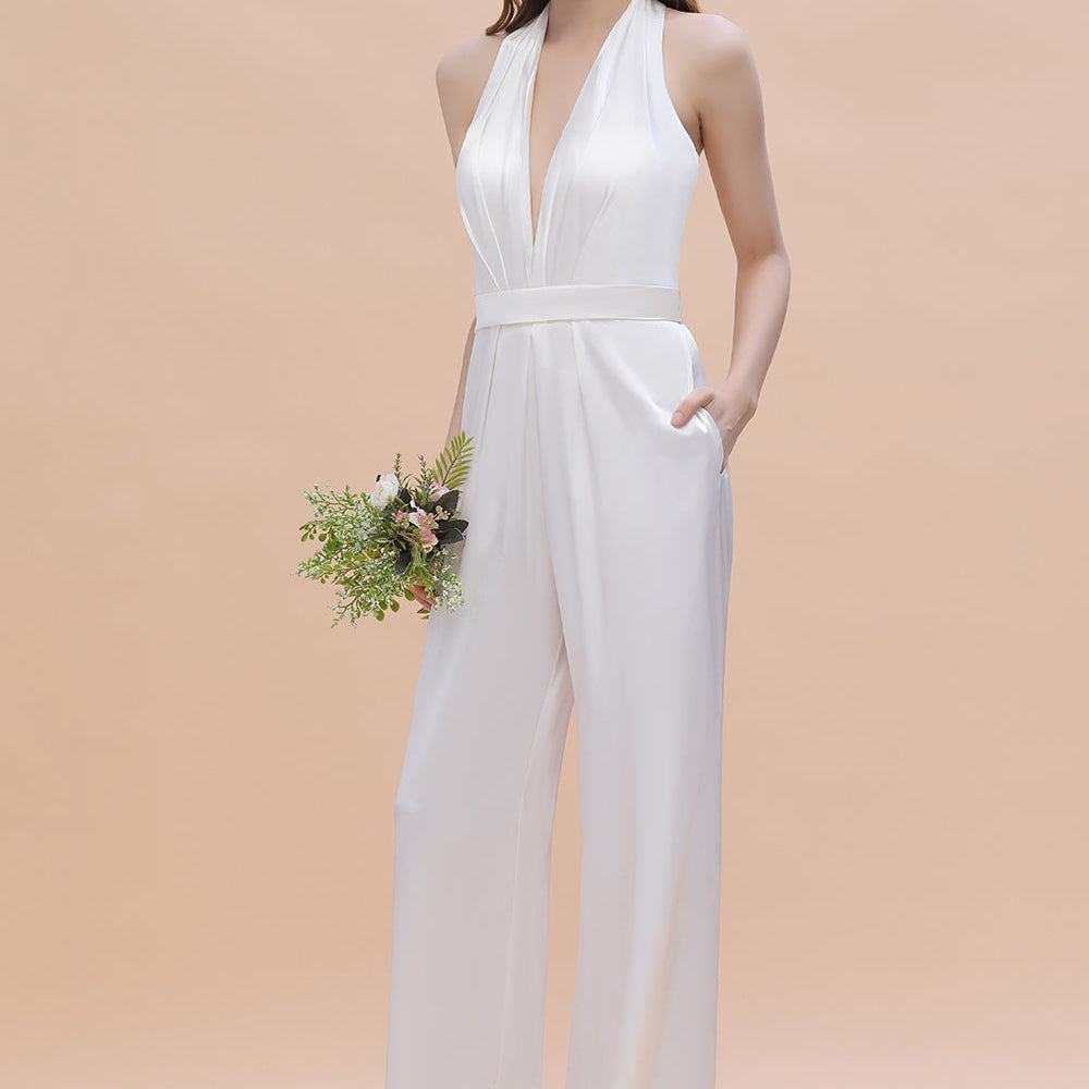 
                  
                    Deep V-neck Halter Wide Straps Open Back White Jumpsuit With Pockets-BIZTUNNEL
                  
                