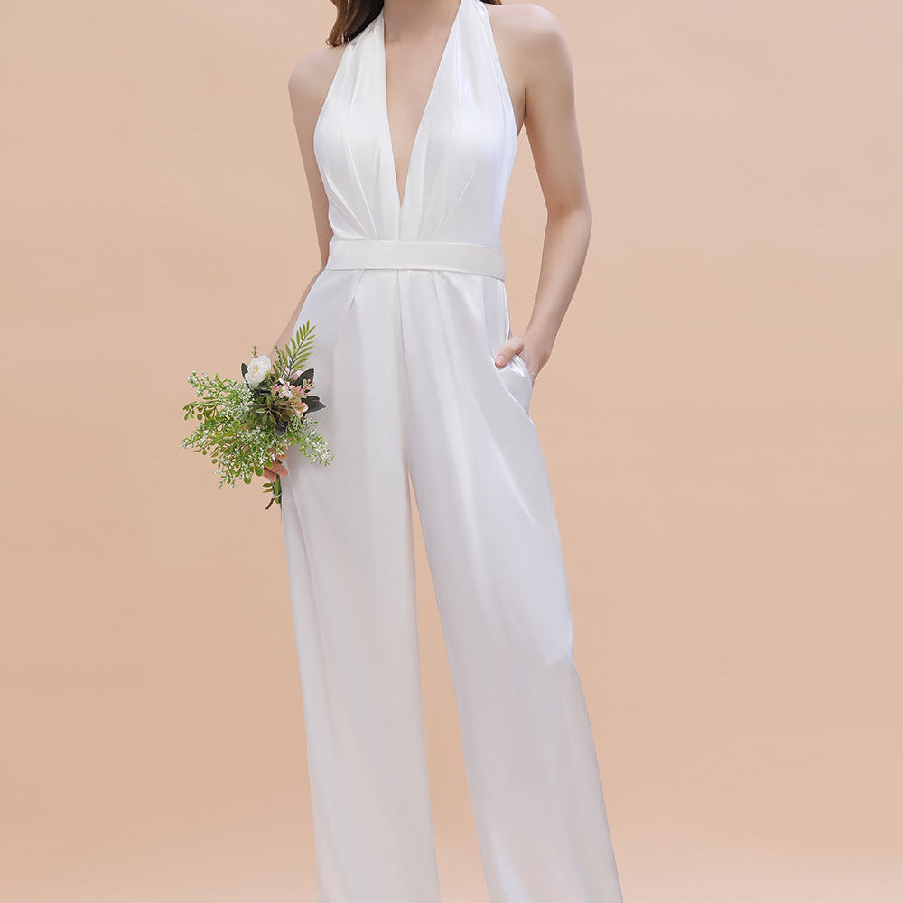 
                  
                    Deep V-neck Halter Wide Straps Open Back White Jumpsuit With Pockets-BIZTUNNEL
                  
                