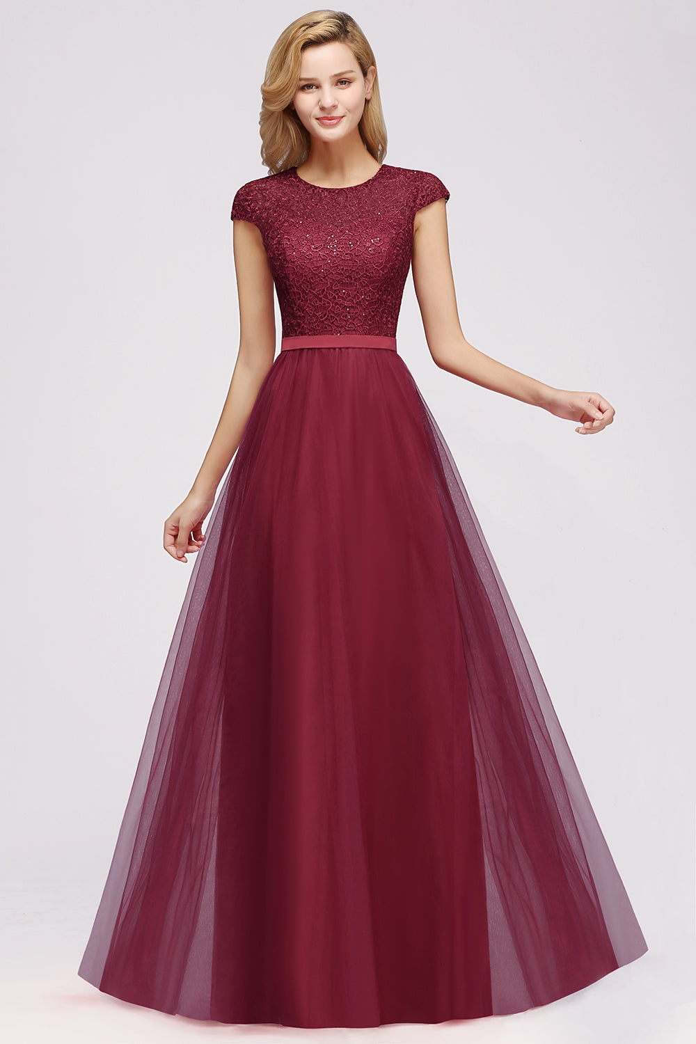 Delicate Long A-Line Lace Tulle Bridesmaid Dress with Sleeves-BIZTUNNEL