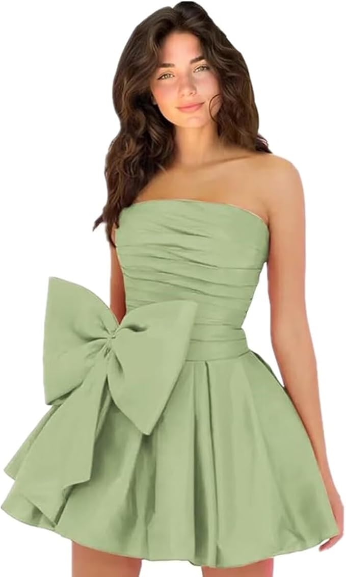 Chic Short Homecoming Dresses A-line Sleeveless Strapless Ruched Lace Up Party Dresses with Bow