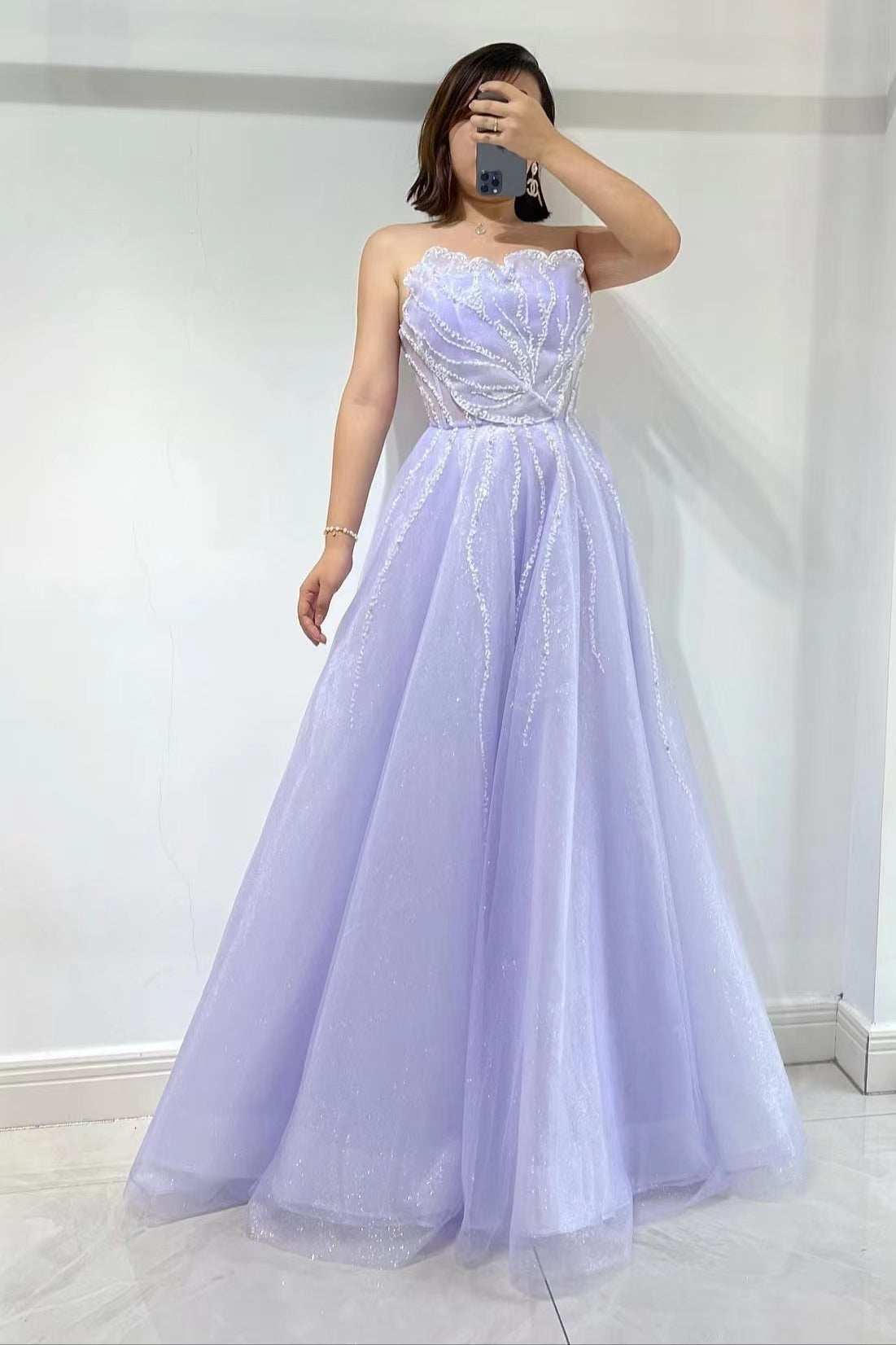 Strapless Lilac Sleeveless A-Line Tulle Prom Dress With Sequins Beads