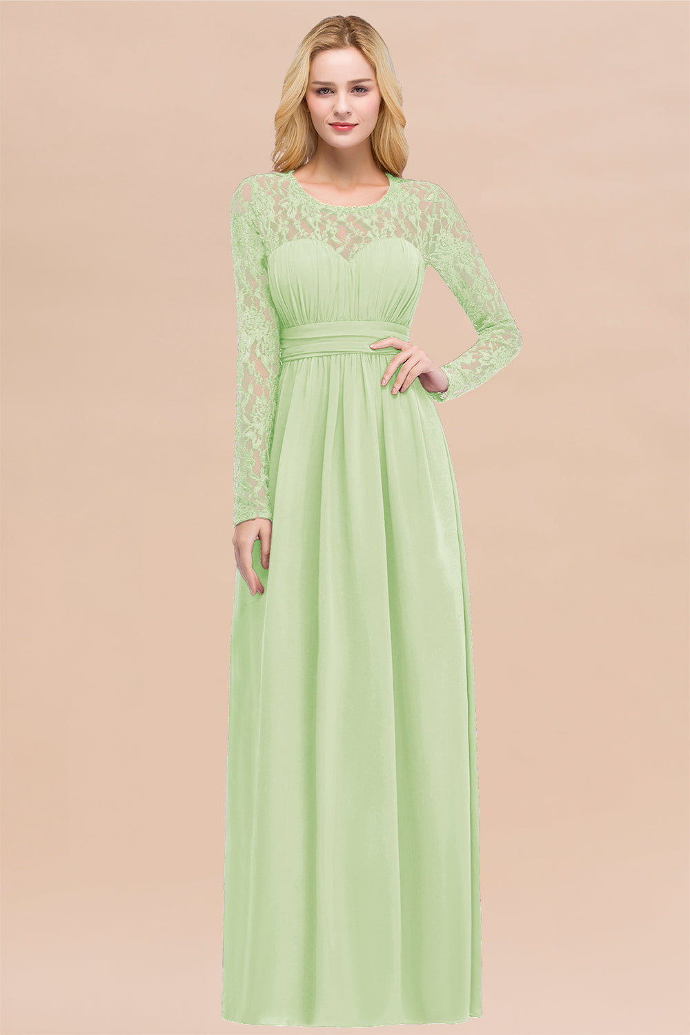 Elegant A-Line Chiffon Jewel Long Sleeves Bridesmaid Dresses with Ruffles-BIZTUNNEL