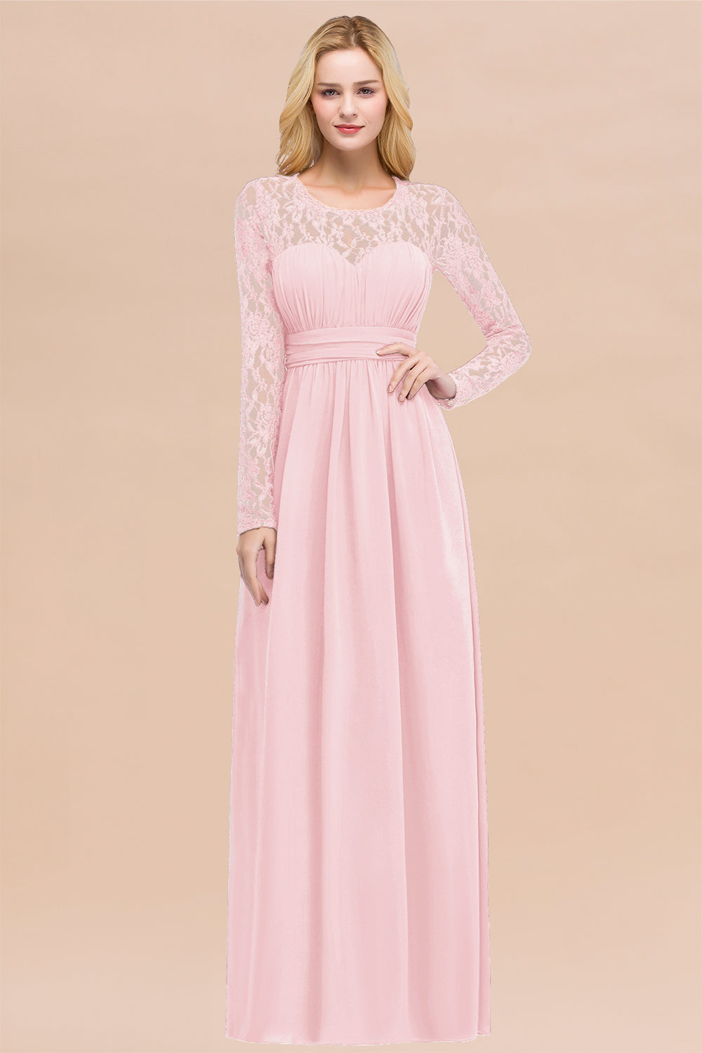 Fashion Pink Sheath Jewel Lace Knee Length Long Sleeve Bridesmaid Dresses,  MB189