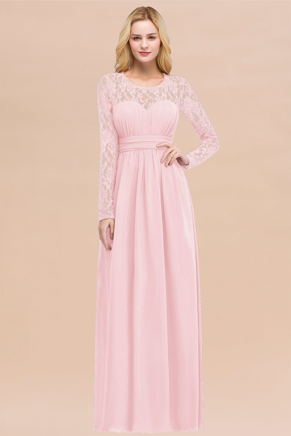 Elegant A-Line Chiffon Jewel Long Sleeves Bridesmaid Dresses with Ruffles-BIZTUNNEL