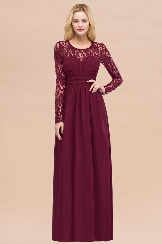 Elegant A-Line Chiffon Jewel Long Sleeves Bridesmaid Dresses with Ruffles-BIZTUNNEL