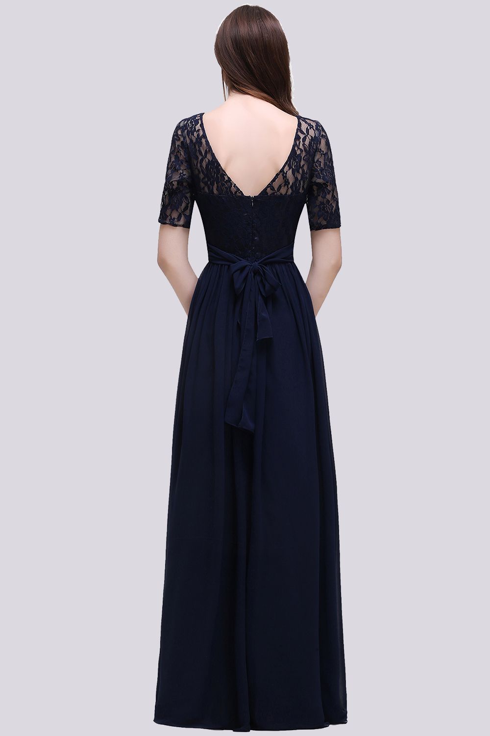 Elegant A-line Chiffon Lace Scoop Long Bridesmaid Dress with Sleeves-BIZTUNNEL