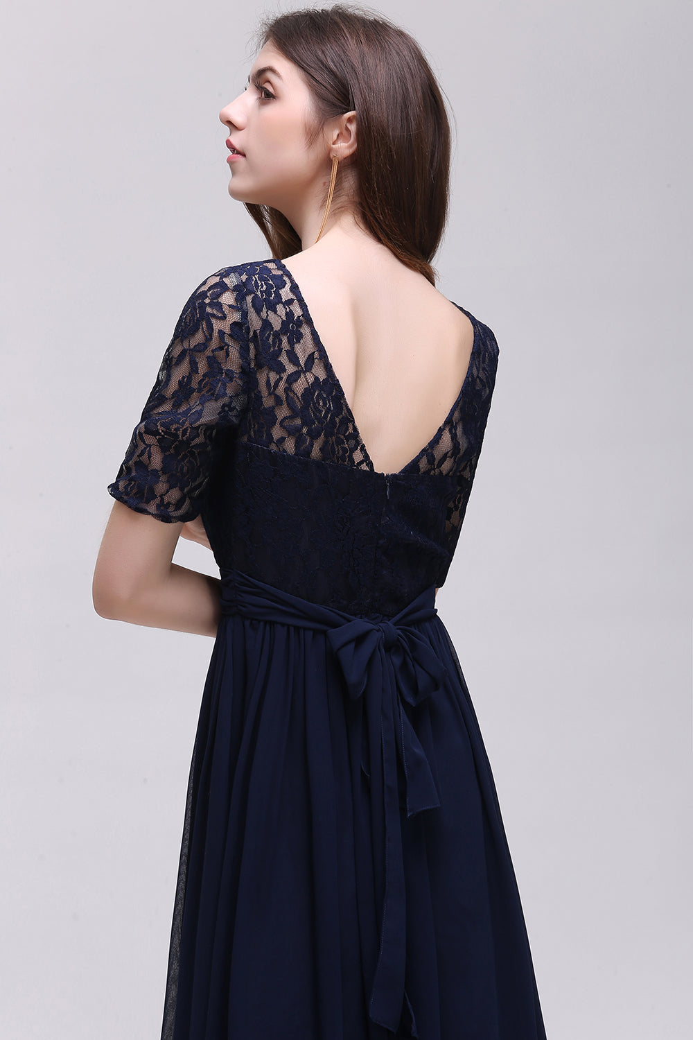 Elegant A-line Chiffon Lace Scoop Long Bridesmaid Dress with Sleeves-BIZTUNNEL