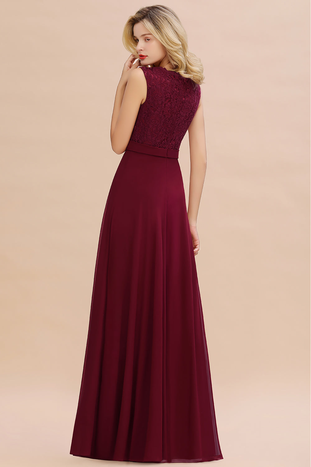 Elegant A-line Chiffon Lace V-Neck Sleeveless Long Bridesmaid Dress-BIZTUNNEL