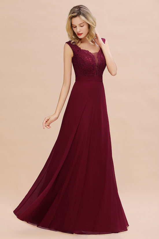 Elegant A-line Chiffon Lace V-Neck Sleeveless Long Bridesmaid Dress-BIZTUNNEL