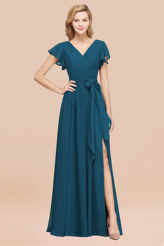 Elegant A-line Chiffon V-Neck Bow Sash Long Bridesmaid Dresses with Slit-BIZTUNNEL