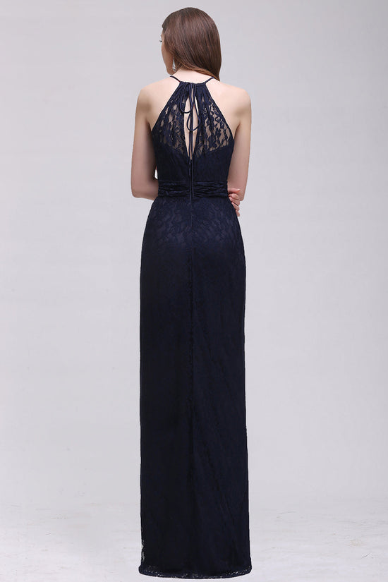 Elegant A-Line Lace Halter Sleeveless Long Bridesmaid Dress-BIZTUNNEL