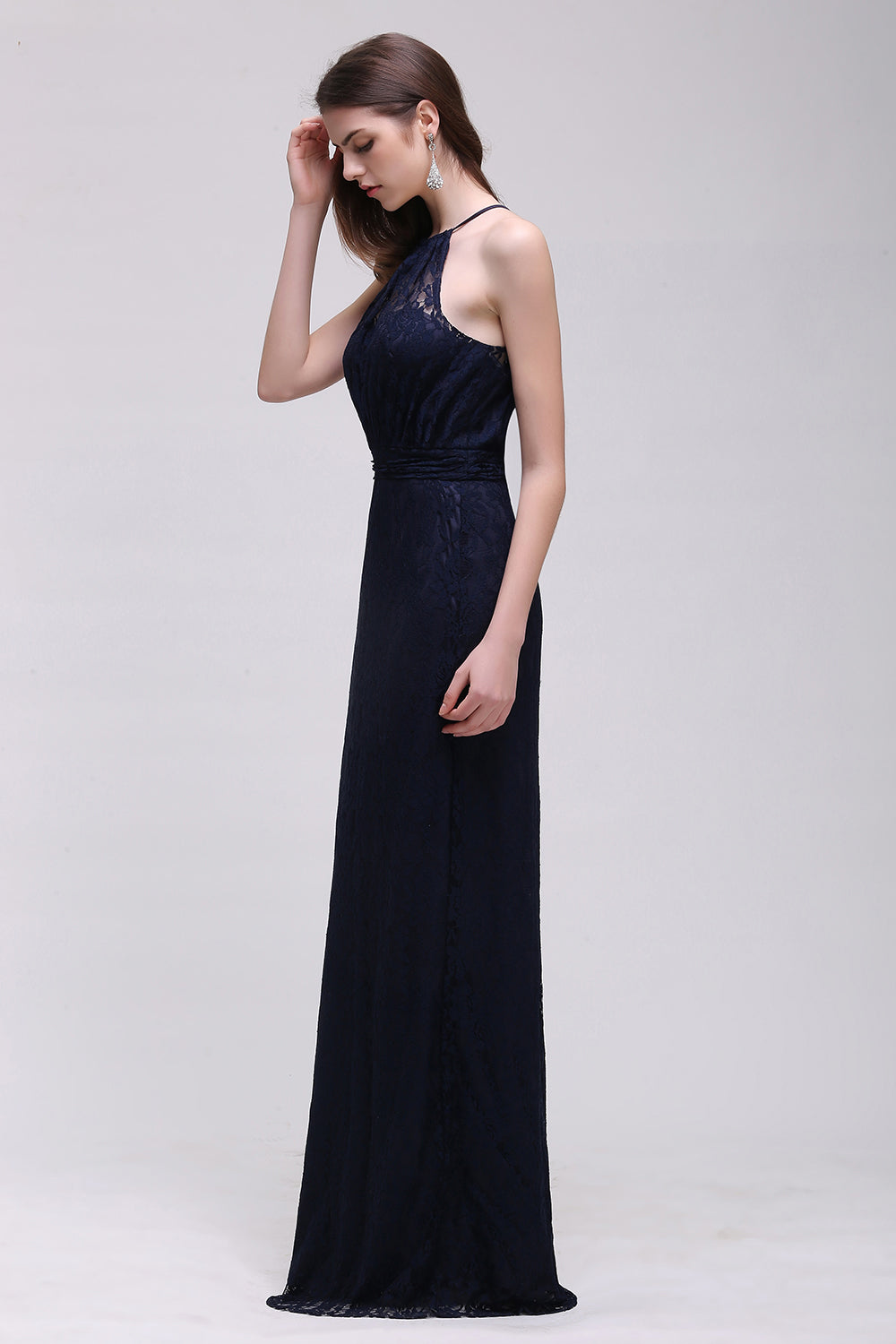 Elegant A-Line Lace Halter Sleeveless Long Bridesmaid Dress-BIZTUNNEL