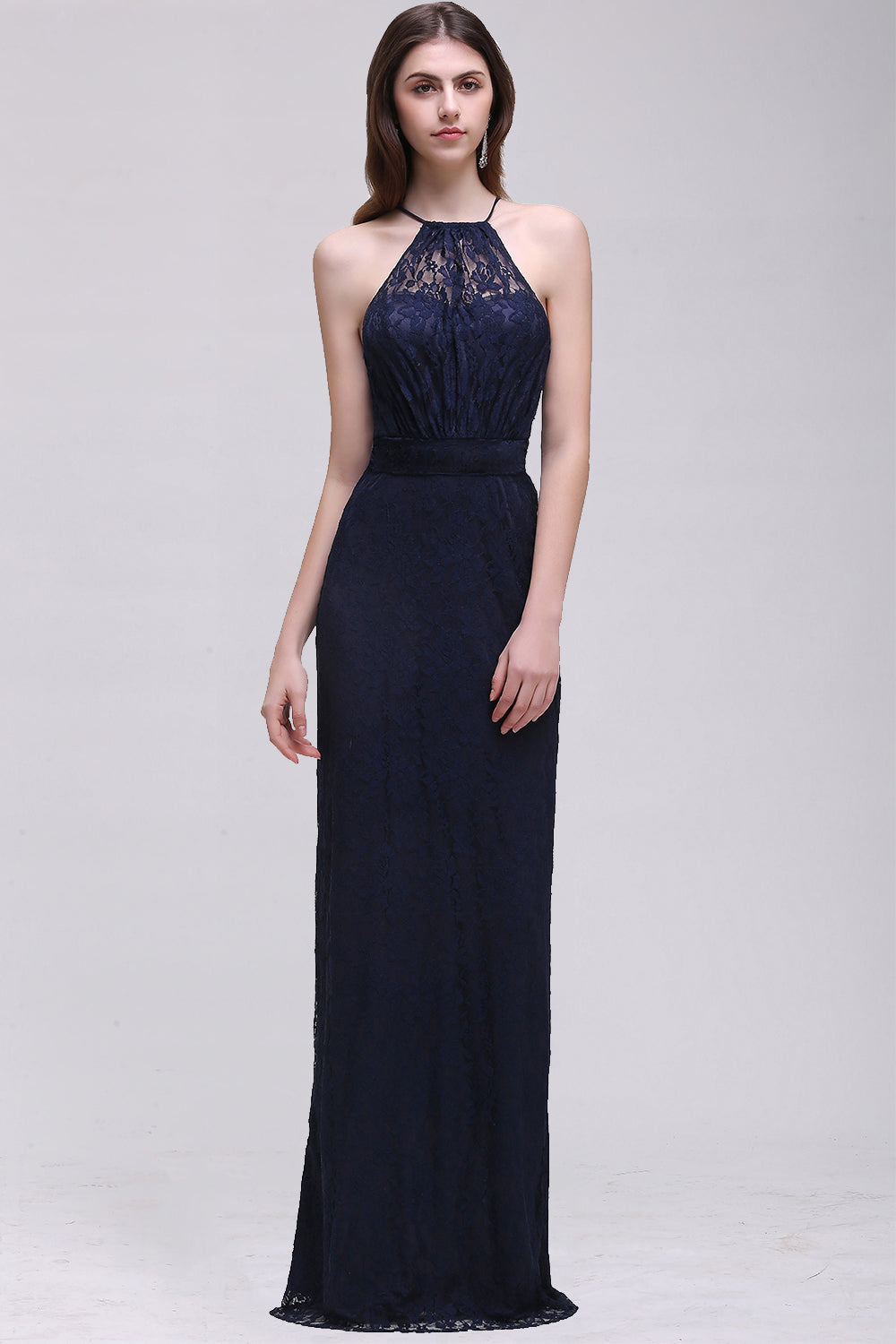 Elegant A-Line Lace Halter Sleeveless Long Bridesmaid Dress-BIZTUNNEL