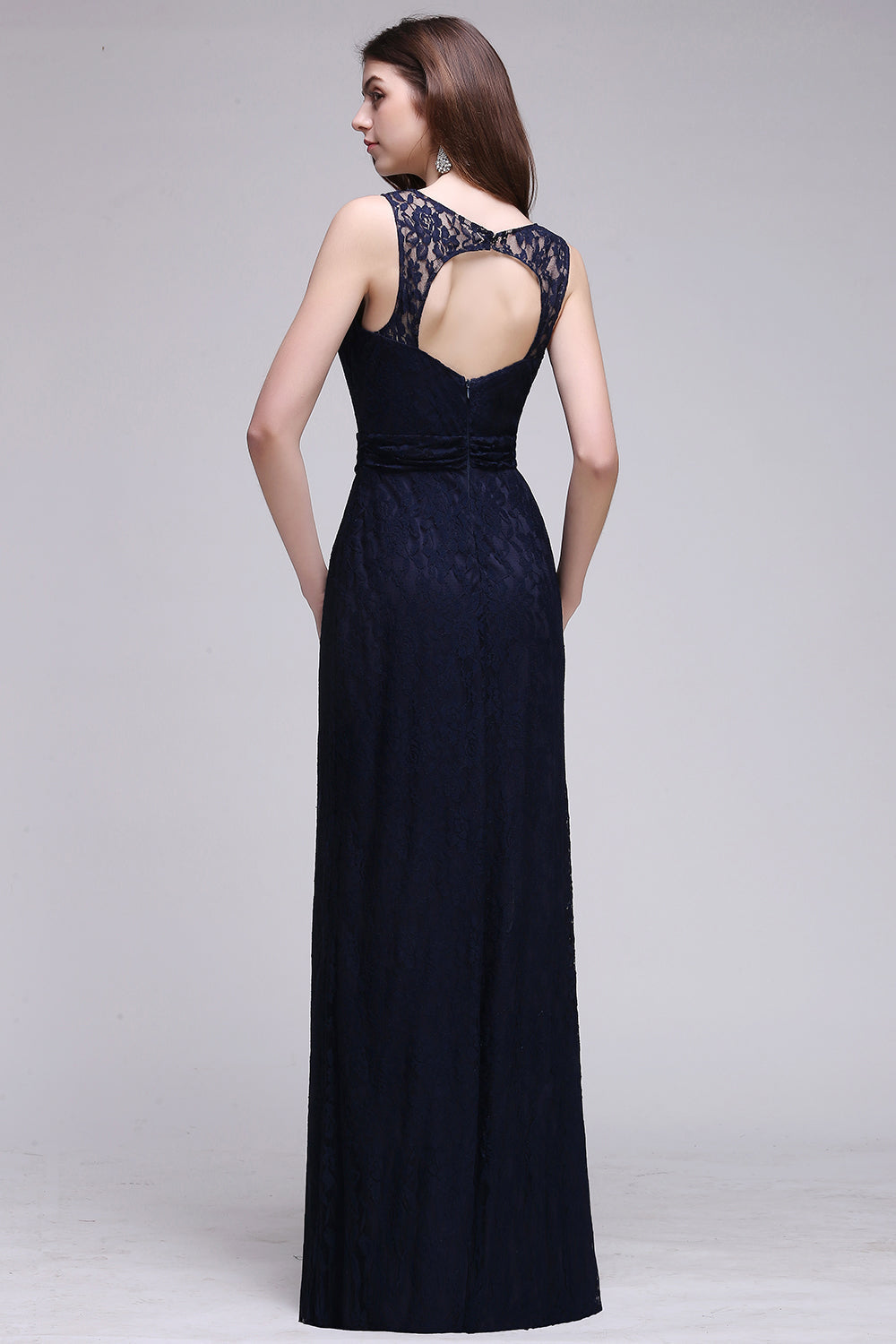 Elegant A-Line Lace Scoop Sleeveless Long Bridesmaid Dress-BIZTUNNEL