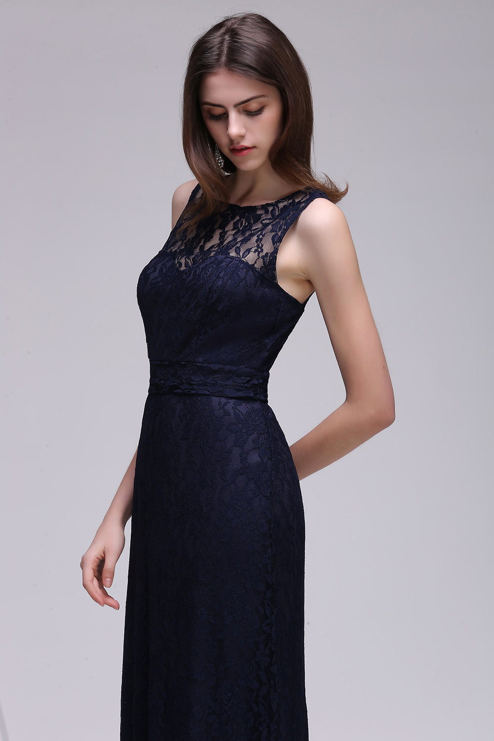 Elegant A-Line Lace Scoop Sleeveless Long Bridesmaid Dress-BIZTUNNEL