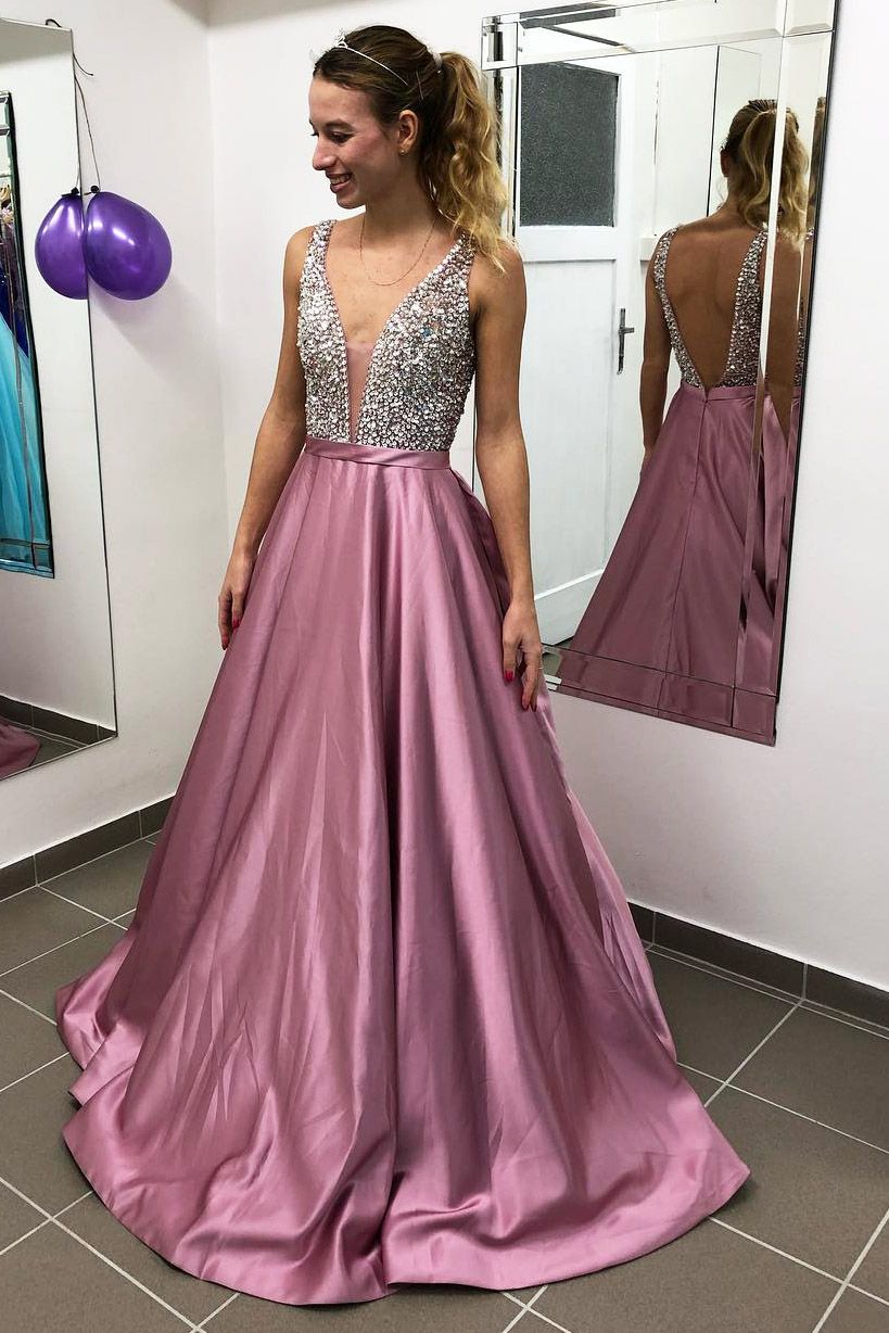 Elegant A-line V-neck Satin Open Back Long Prom Dress with Beading-BIZTUNNEL