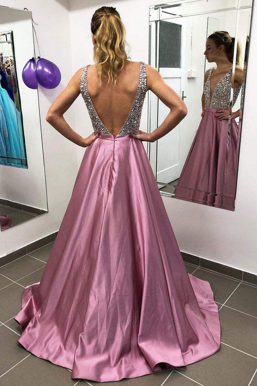 Elegant A-line V-neck Satin Open Back Long Prom Dress with Beading-BIZTUNNEL