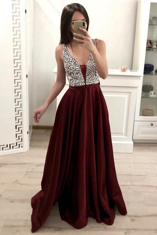 Elegant A-line V-neck Satin Open Back Long Prom Dress with Beading-BIZTUNNEL