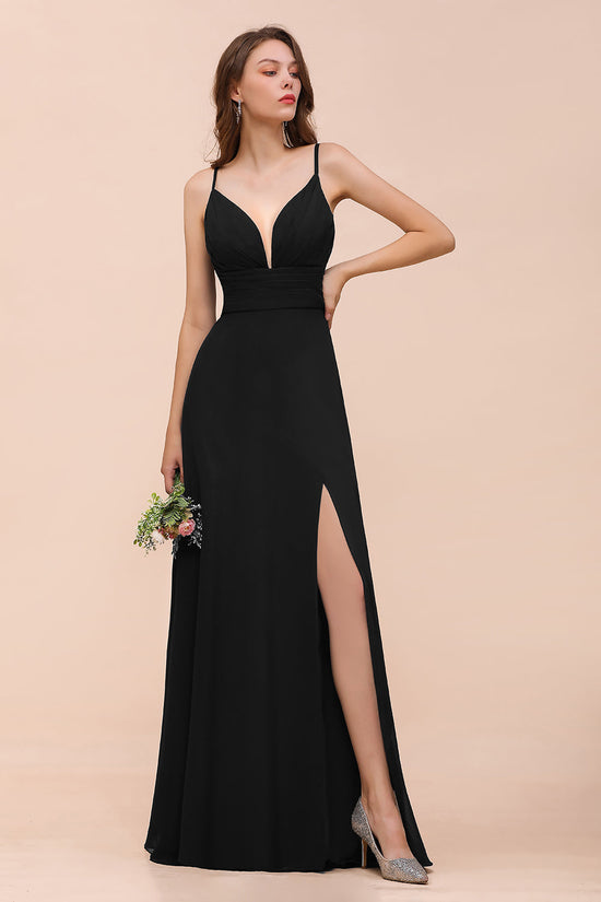 Elegant Black Long A-line Sweetheart Chiffon Bridesmaid Dress with Slit-BIZTUNNEL