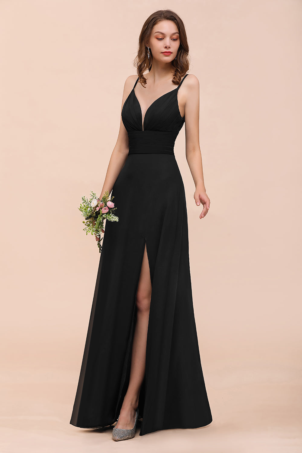 Elegant Black Long A-line Sweetheart Chiffon Bridesmaid Dress with Slit-BIZTUNNEL