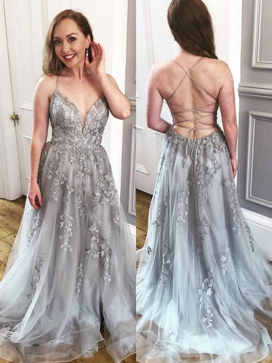 Elegant Gray Long A Line V Neck Tulle Lace Backless Formal Prom Dresses-BIZTUNNEL