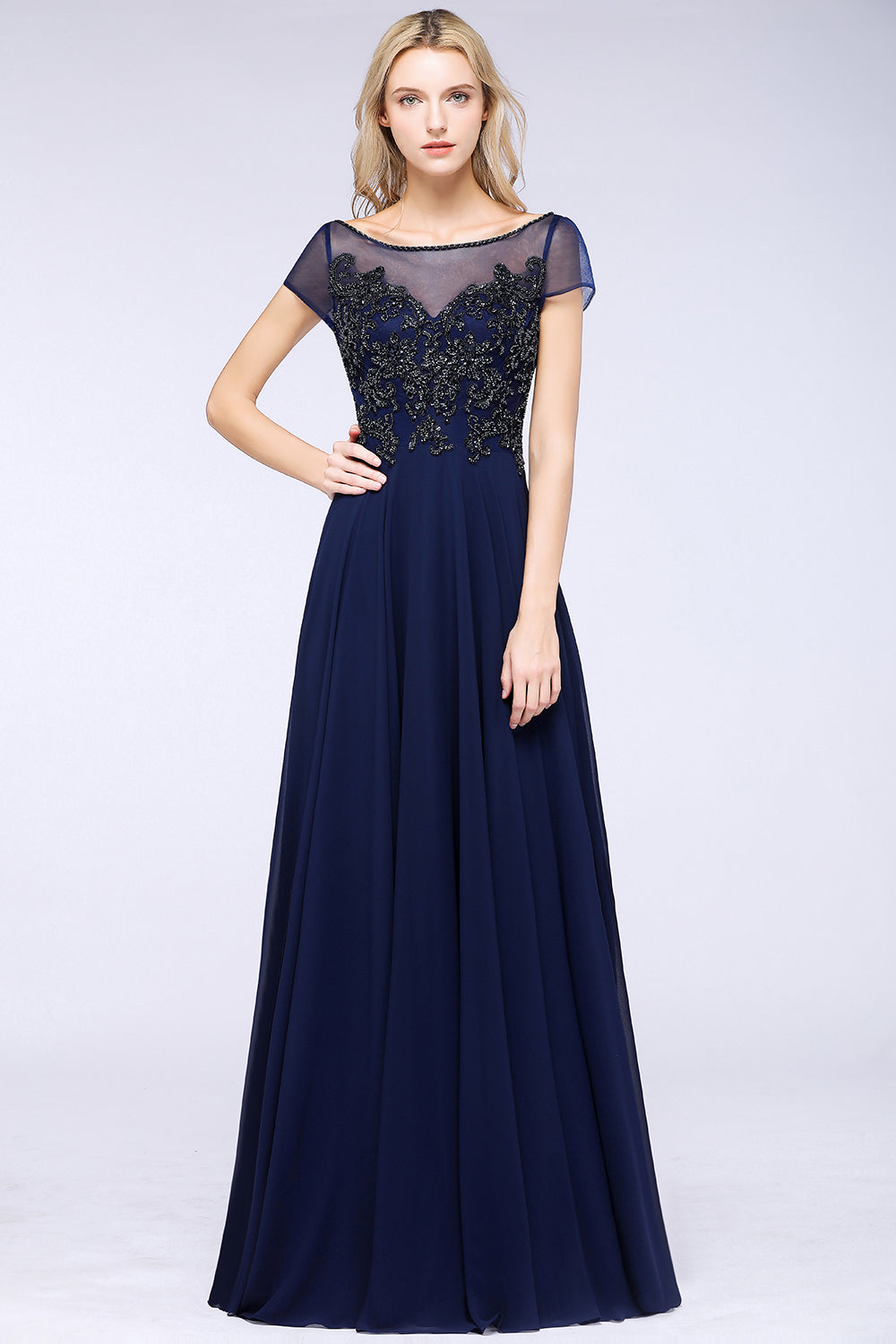 Elegant Long A-Line Appliques Beads Chiffon Bridesmaid Dress with Sleeves-BIZTUNNEL