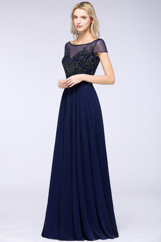 Elegant Long A-Line Appliques Beads Chiffon Bridesmaid Dress with Sleeves-BIZTUNNEL