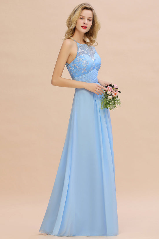 Elegant Long A-line Appliques Halter Chiffon Bridesmaid Dress Online-BIZTUNNEL