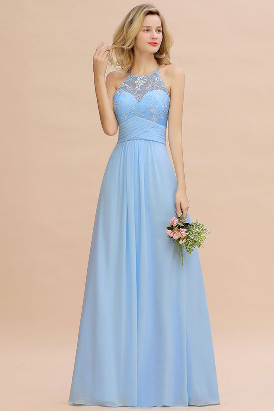 Elegant Long A-line Appliques Halter Chiffon Bridesmaid Dress Online-BIZTUNNEL