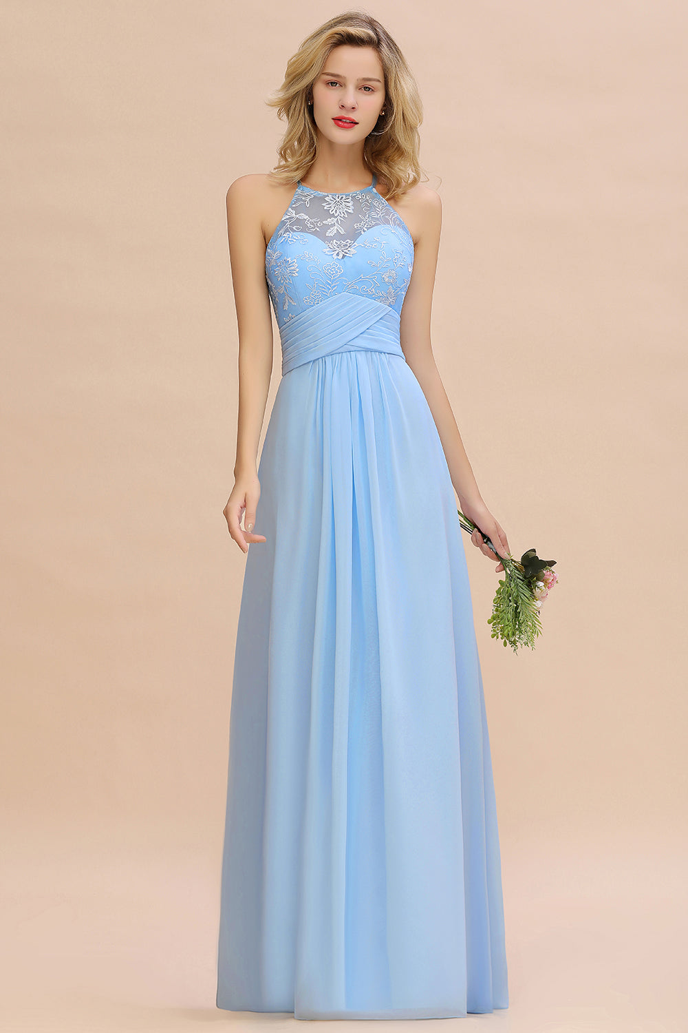 Elegant Long A-line Appliques Halter Chiffon Bridesmaid Dress Online-BIZTUNNEL