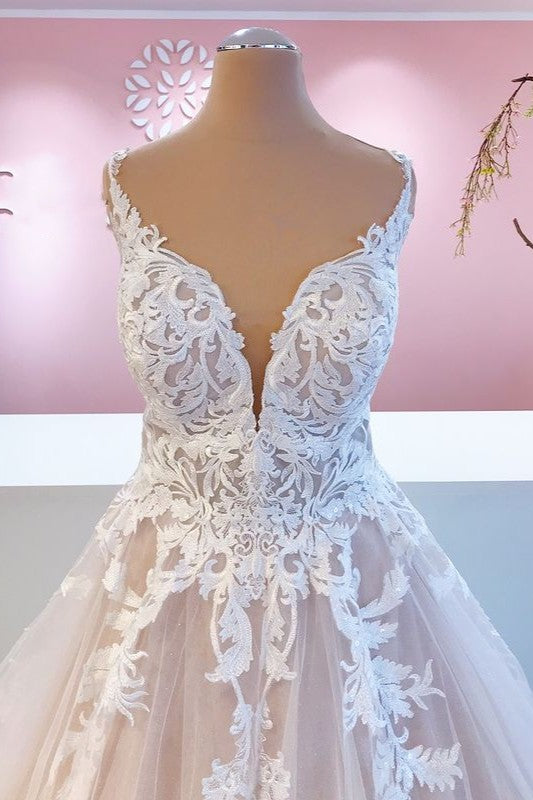 Elegant Long A-Line Appliques Lace Tulle Sweetheart Backless Wedding Dress-BIZTUNNEL