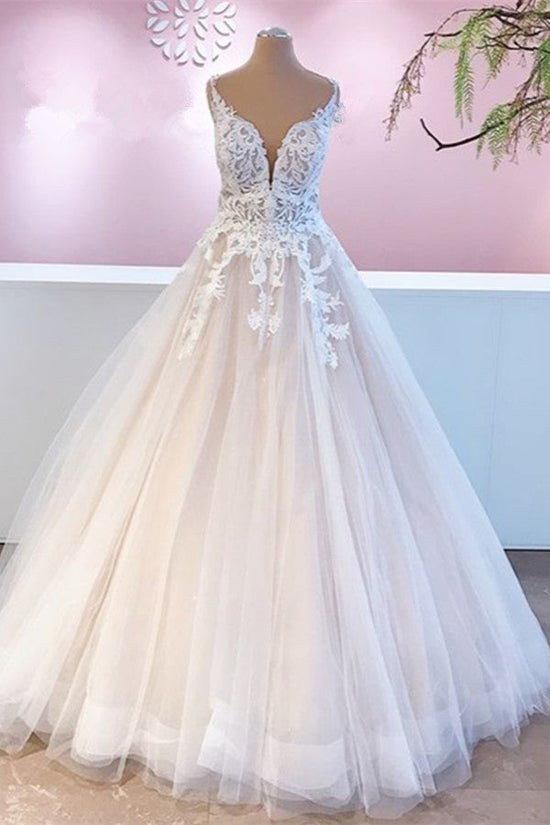 Elegant Long A-Line Appliques Lace Tulle Sweetheart Backless Wedding Dress-BIZTUNNEL