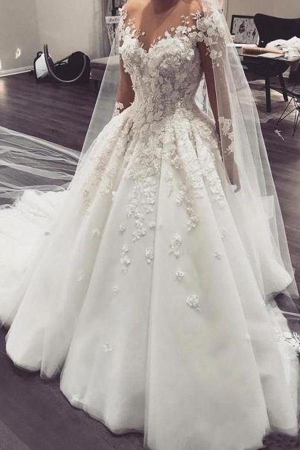 Elegant Long A-Line Bateau Appliques Lace Wedding Dress with Sleeves-BIZTUNNEL