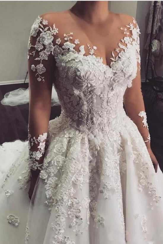 Elegant Long A-Line Bateau Appliques Lace Wedding Dress with Sleeves-BIZTUNNEL