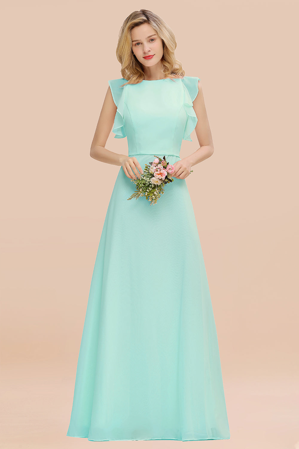 Elegant Long A-line Chiffon Jewel Sleeveless Bridesmaid Dress-BIZTUNNEL