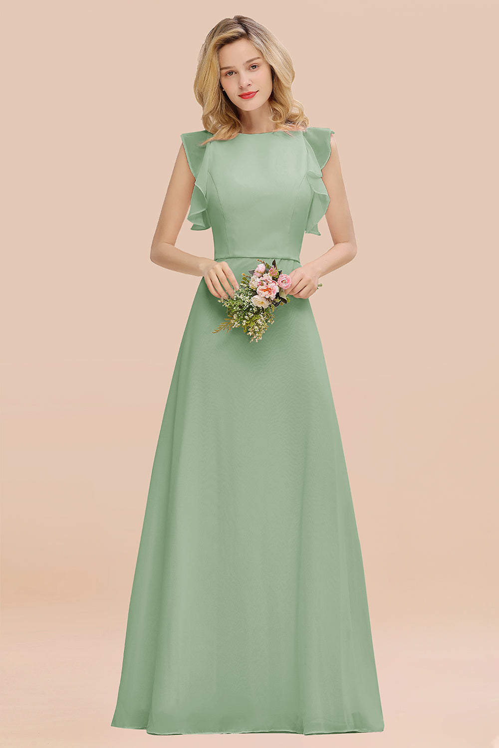 Elegant Long A-line Chiffon Jewel Sleeveless Bridesmaid Dress-BIZTUNNEL