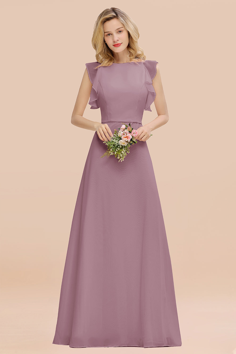 Elegant Long A-line Chiffon Jewel Sleeveless Bridesmaid Dress-BIZTUNNEL