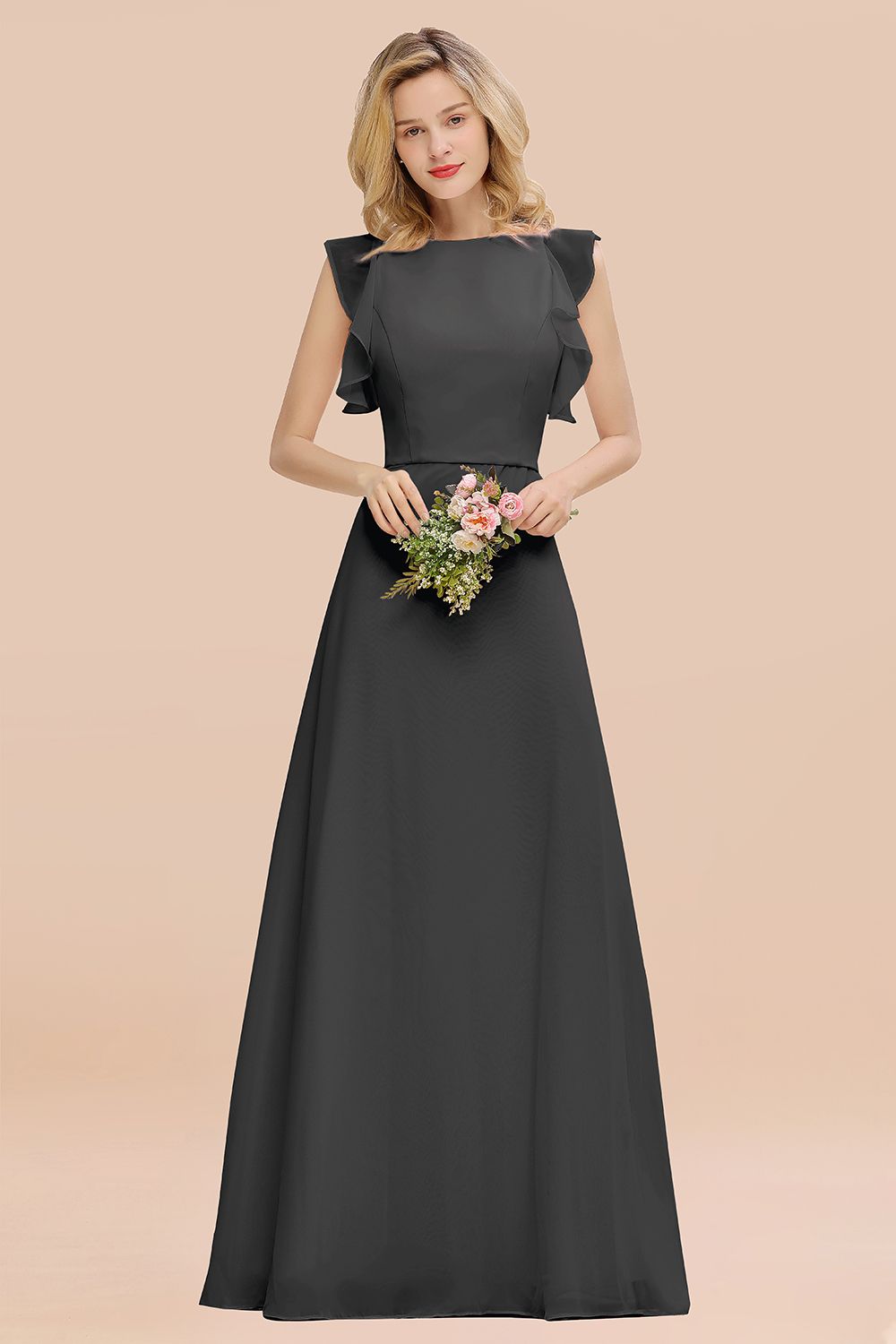 Elegant Long A-line Chiffon Jewel Sleeveless Bridesmaid Dress-BIZTUNNEL