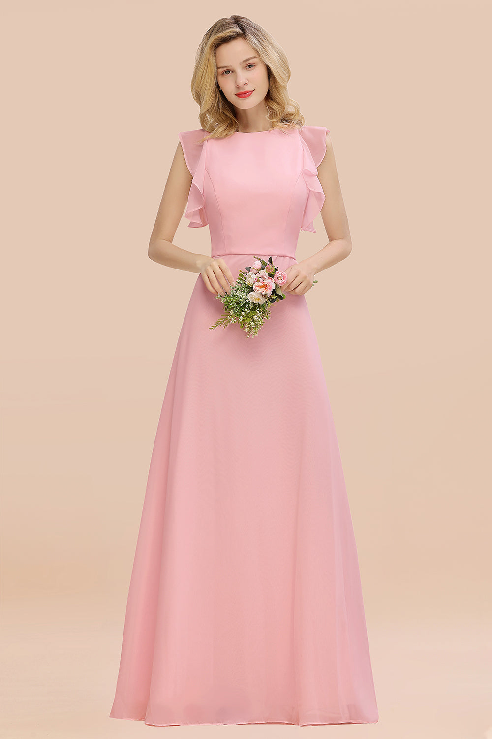 Elegant Long A-line Chiffon Jewel Sleeveless Bridesmaid Dress-BIZTUNNEL