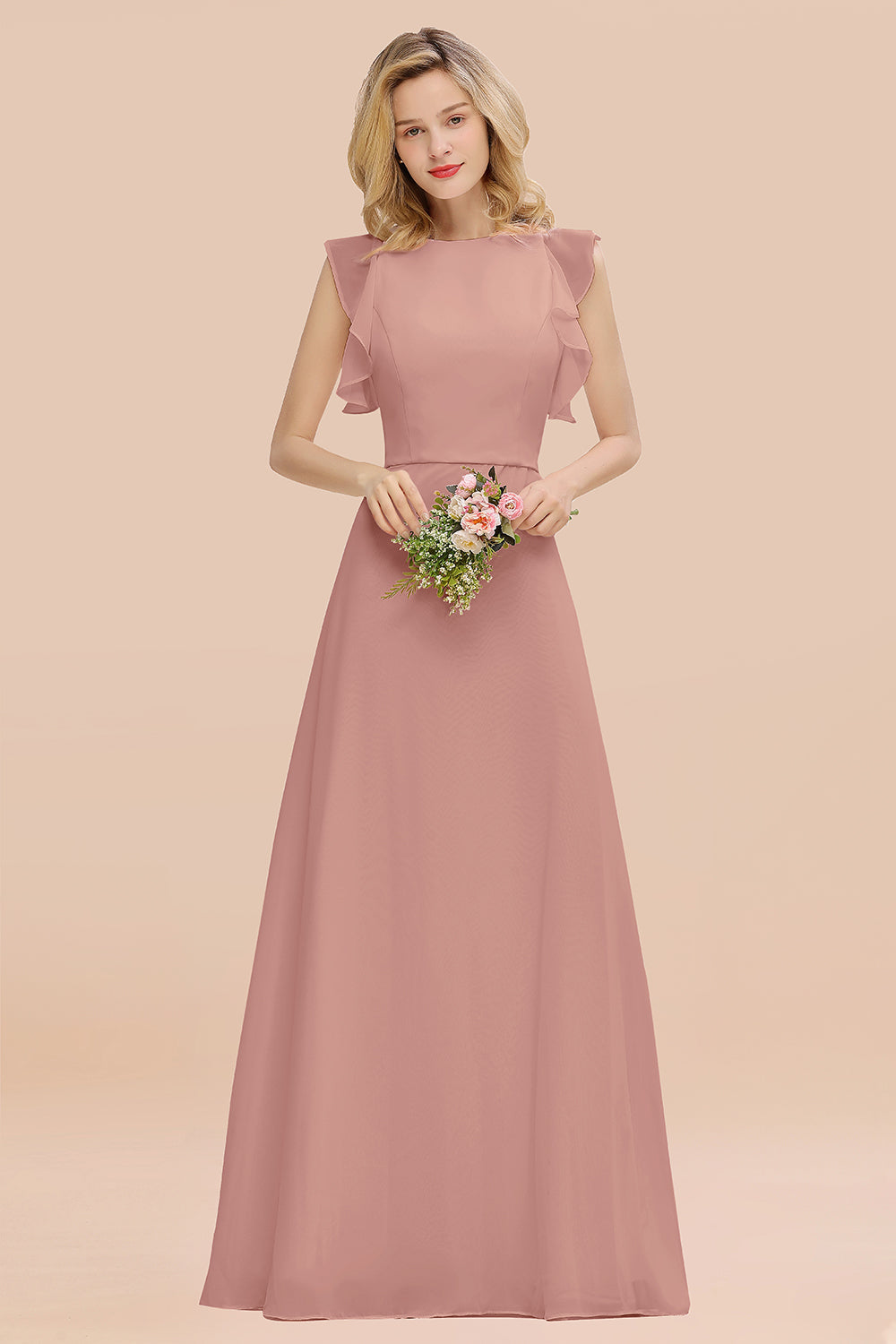 Elegant Long A-line Chiffon Jewel Sleeveless Bridesmaid Dress-BIZTUNNEL