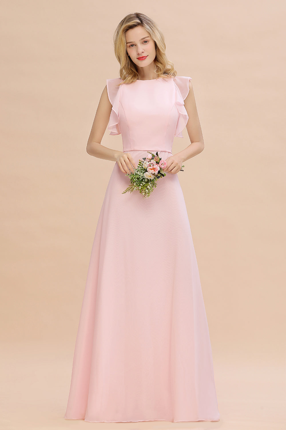 Elegant Long A-line Chiffon Jewel Sleeveless Bridesmaid Dress-BIZTUNNEL