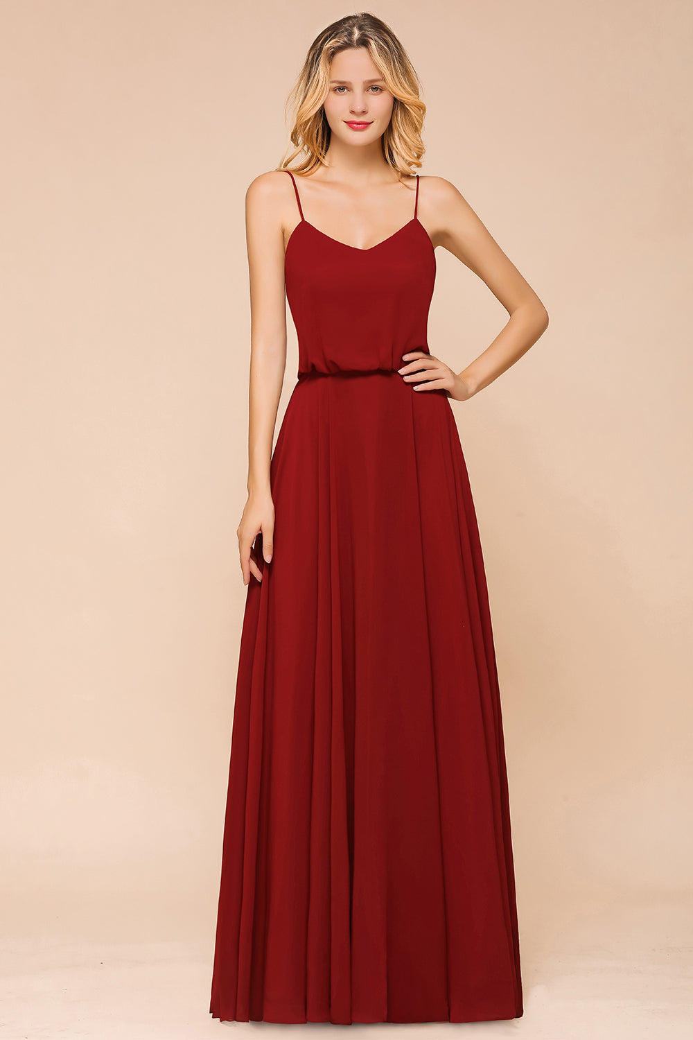 Elegant Long A-line chiffon Spaghetti Straps Sweetheart Bridesmaid Dress-BIZTUNNEL