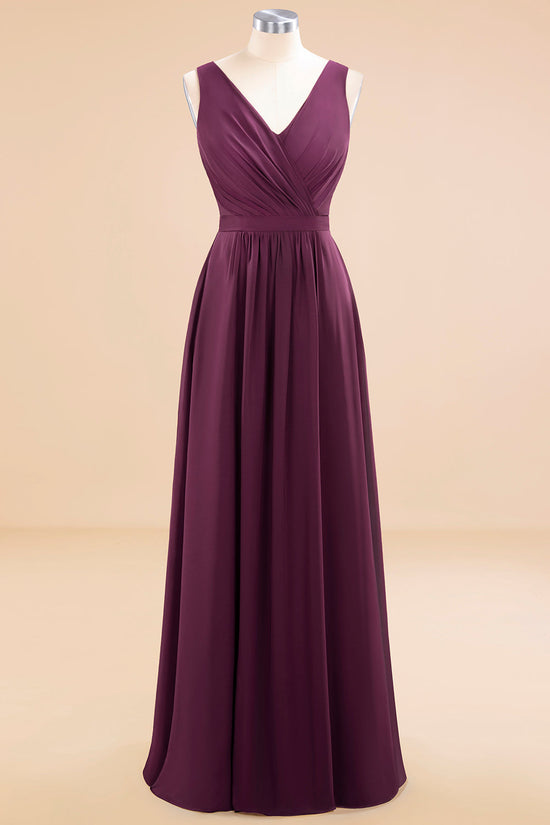 Elegant Long A-line Chiffon V-neck Bridesmaid Dress With Bowknot-BIZTUNNEL