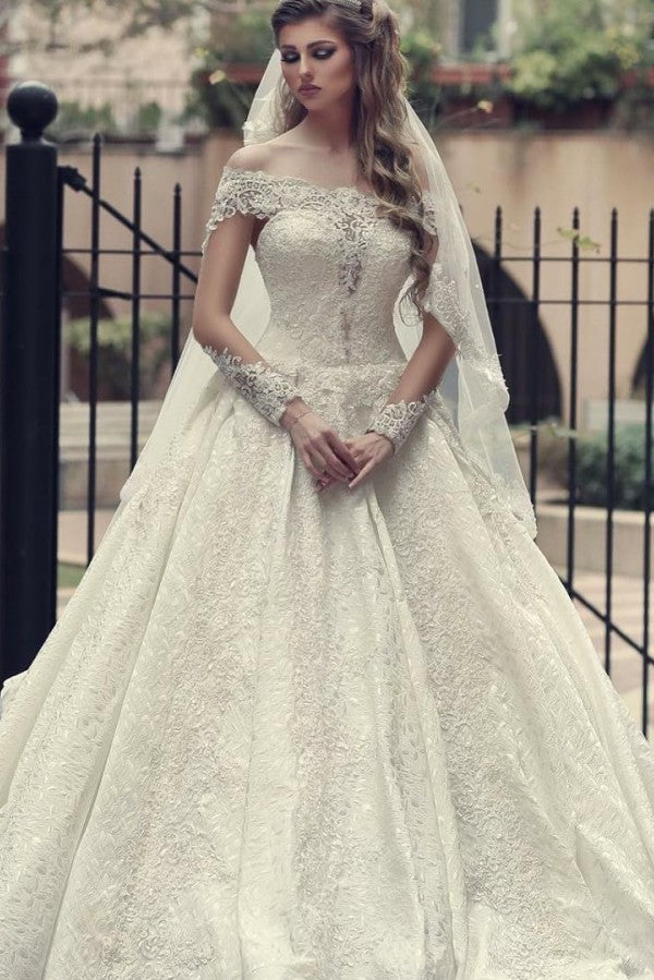 Elegant Long A-Line Off-the-Shoulder Backless Appliques Lace Wedding Dress with Sleeves-BIZTUNNEL