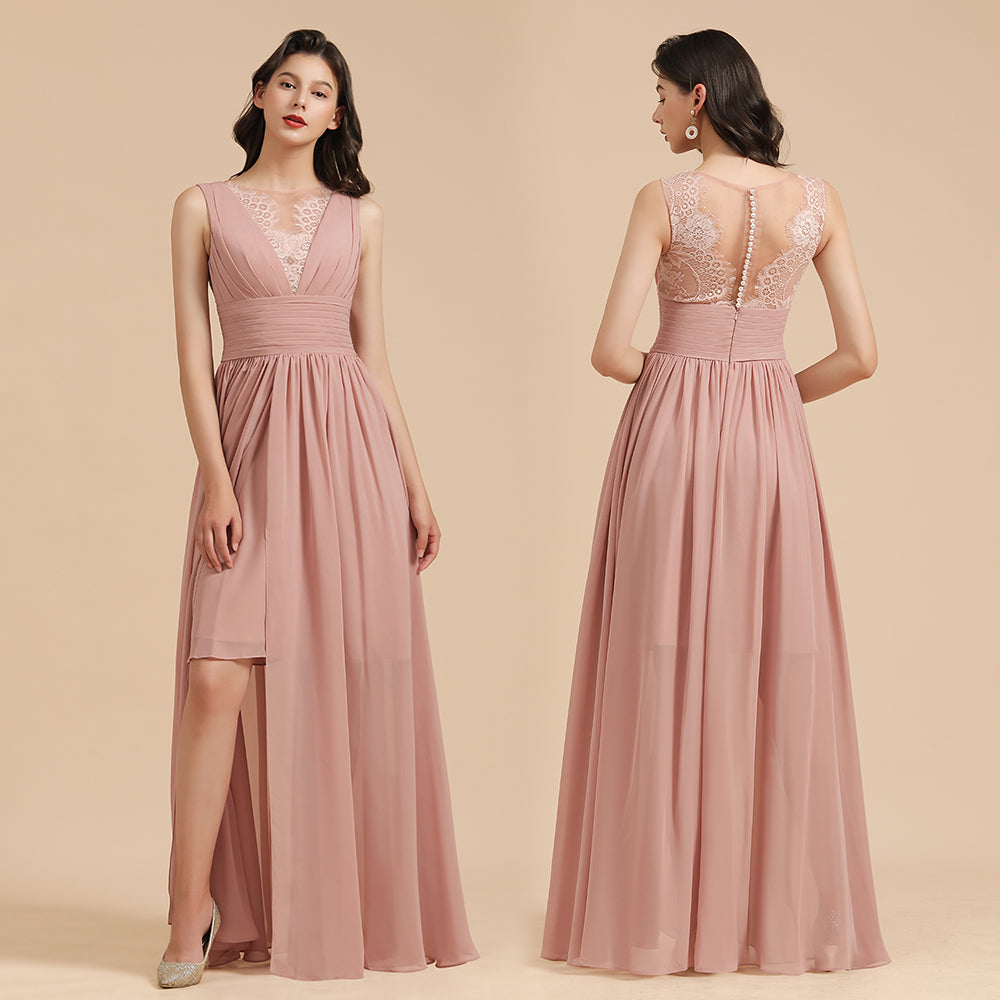 Elegant Long A-line Straps Lace Chiffon Dusty Rose Bridesmaid Dress-BIZTUNNEL