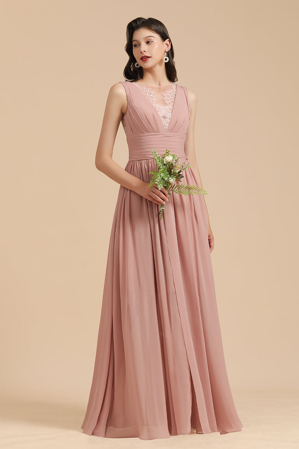 Elegant Long A-line Straps Lace Chiffon Dusty Rose Bridesmaid Dress-BIZTUNNEL