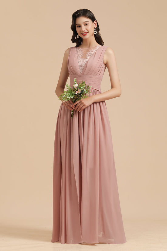 Elegant Long A-line Straps Lace Chiffon Dusty Rose Bridesmaid Dress-BIZTUNNEL